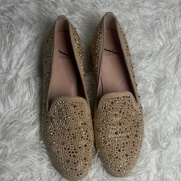 Stuart Weitzman Slipbeads Beige Blush Suede Gold Studded Loafer Flats - Picture 2 of 6